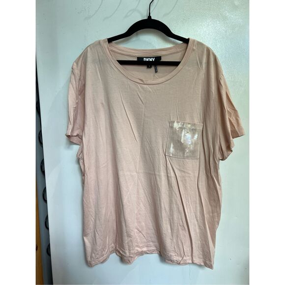 DKNY Pink T-Shirt With Sequin Front Pocket Woman’s Size XL-Spot On Front - Picture 1 of 8
